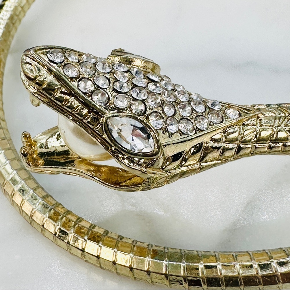 Snake Bracelet Pearl In Mouth Rhinestone Head Coiled Gold-tone Serpent Bracelet - Picture 2 of 13